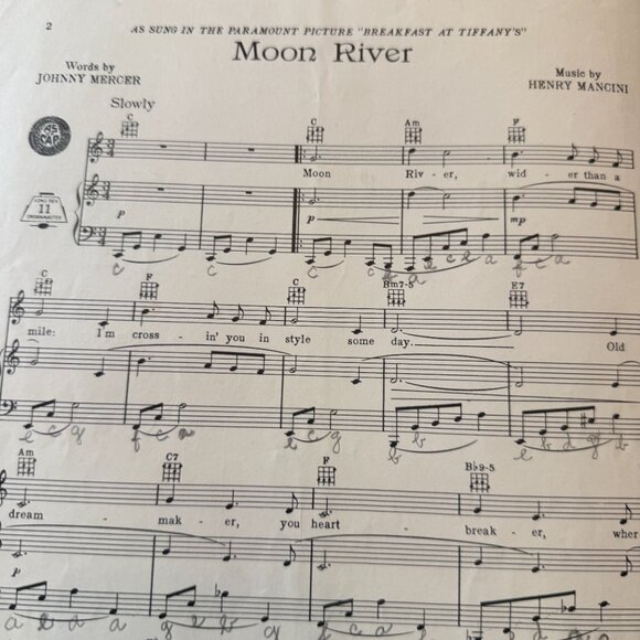 Moon River Piano Sheet Music Audrey Hepburn Mercer Mancini 1961 - Picture 5 of 6